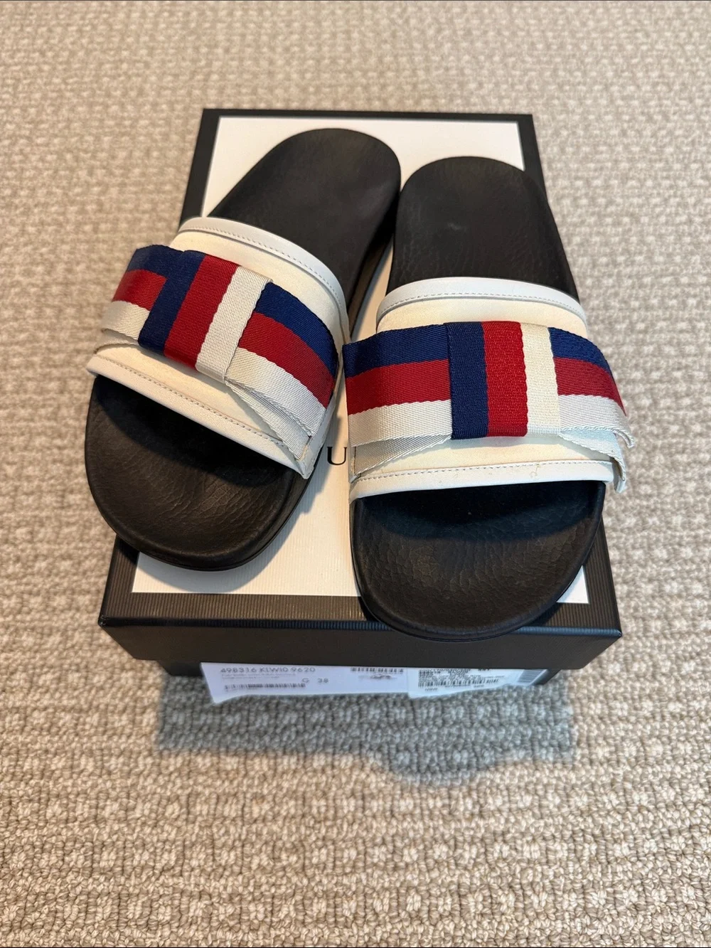 Gucci Black Slides with White, Red and Blue Web Strap